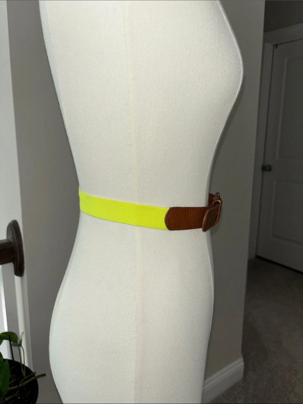 Brown Leather & Neon Yellow Elastic Waist Belt with Silver Buckle